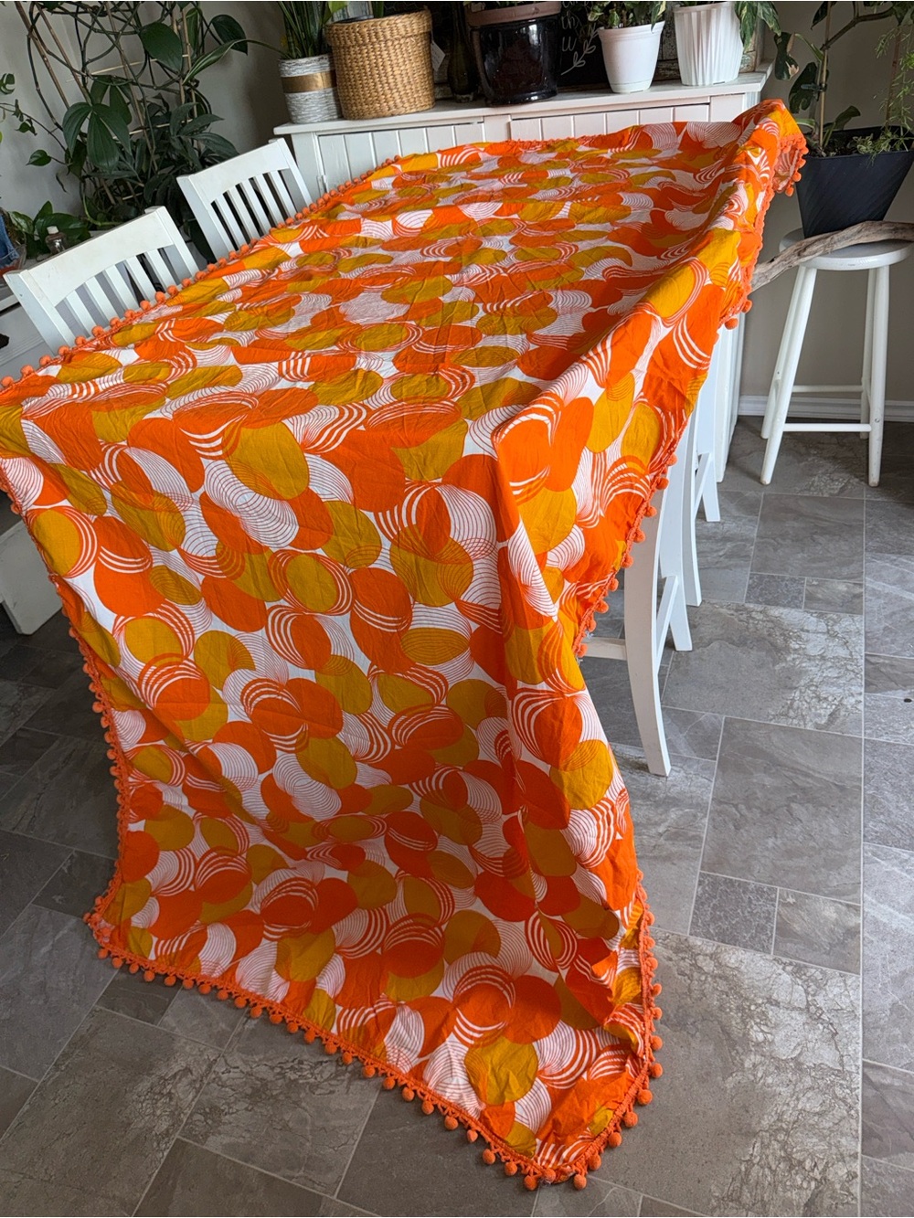 Vintage 60s/70s Vibrant Orange & Yellow Pom-Pom Tablecloth 44x102”